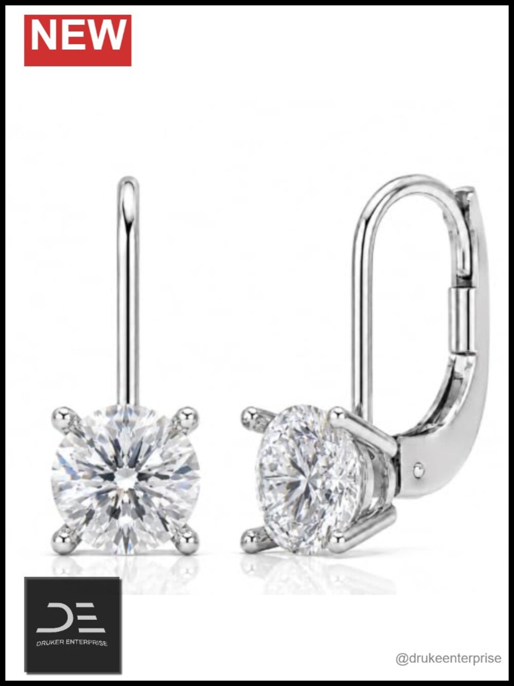 14K White Gold Moissanite Drop Earrings 2ct Leverback Dangle
